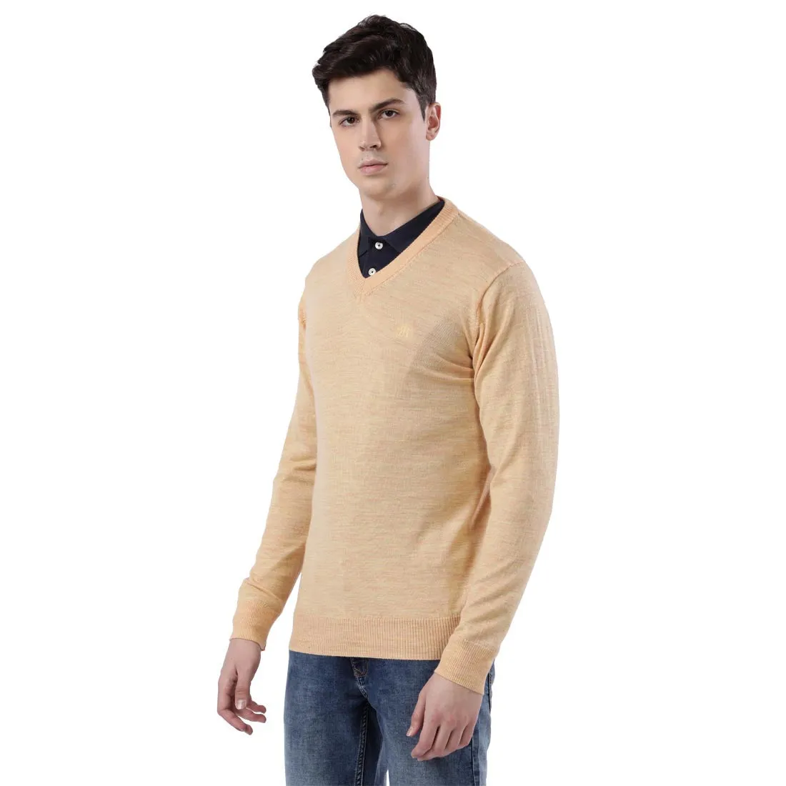Men Yellow Contemporary Fit Wool Blend V Neck Collar Sweaters