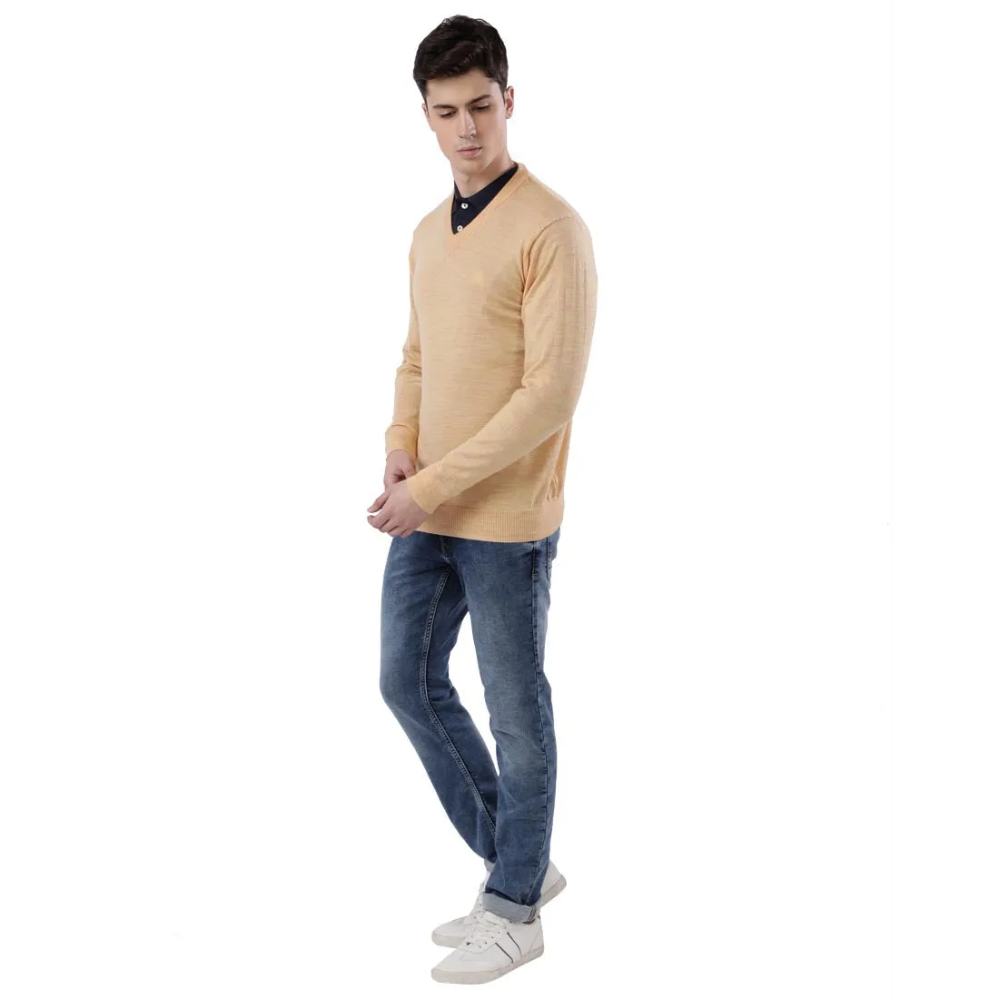 Men Yellow Contemporary Fit Wool Blend V Neck Collar Sweaters