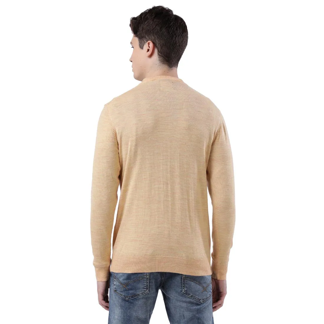 Men Yellow Contemporary Fit Wool Blend V Neck Collar Sweaters