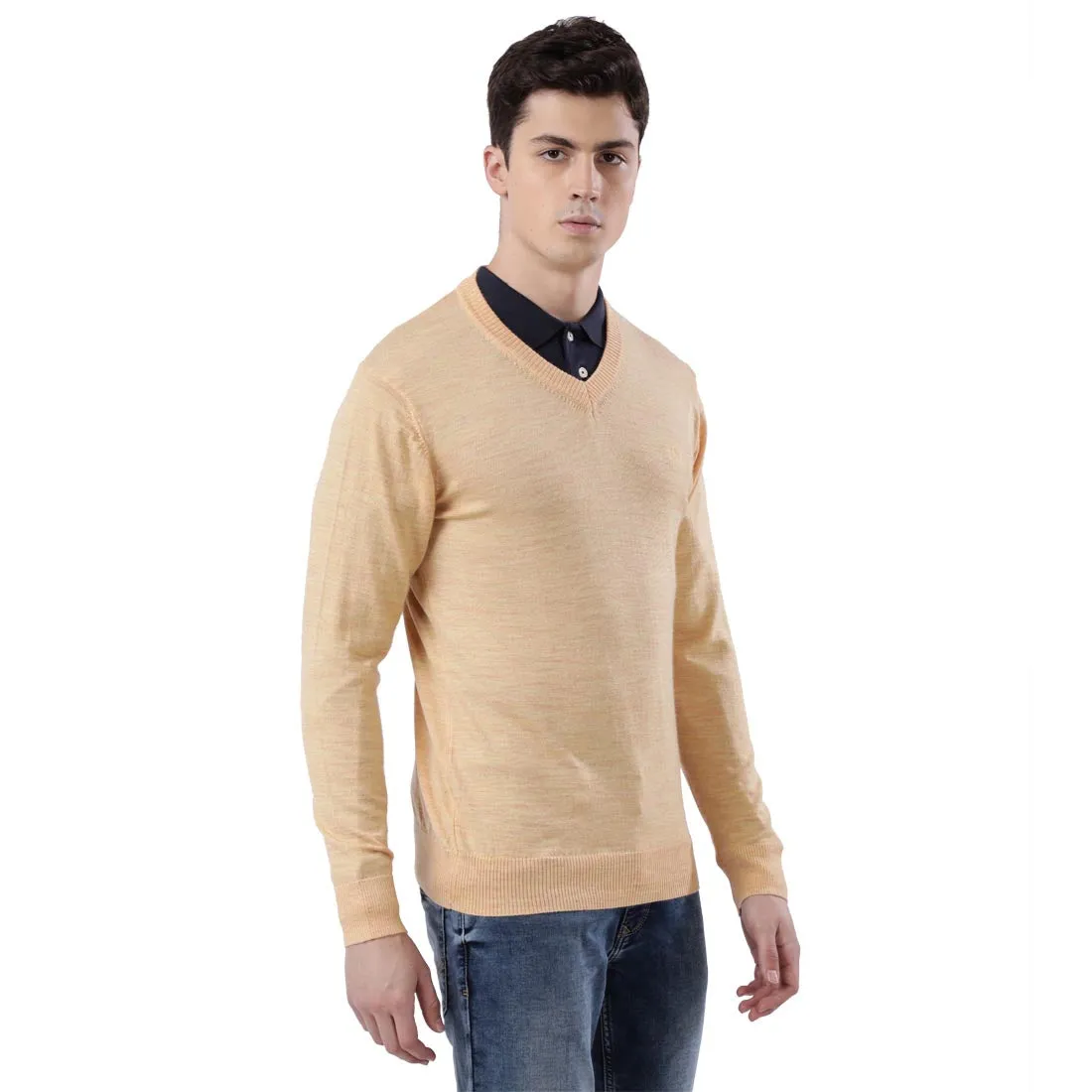 Men Yellow Contemporary Fit Wool Blend V Neck Collar Sweaters
