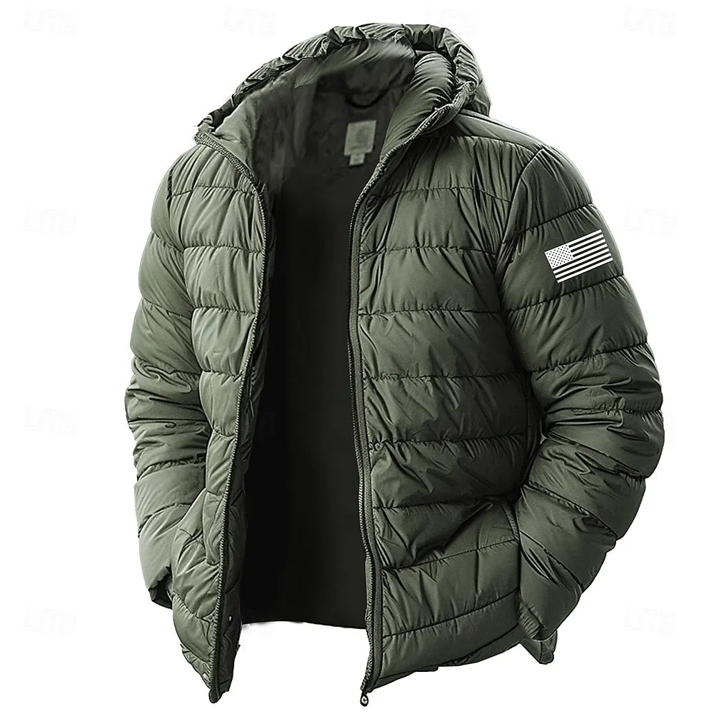 Men's Lightweight Puffer Jacket with Hood Water-Resistant Down Jacket Insulated Puffy Coat Graphic American US Flag Winter Jacket for Snow Ski Hiking Travel