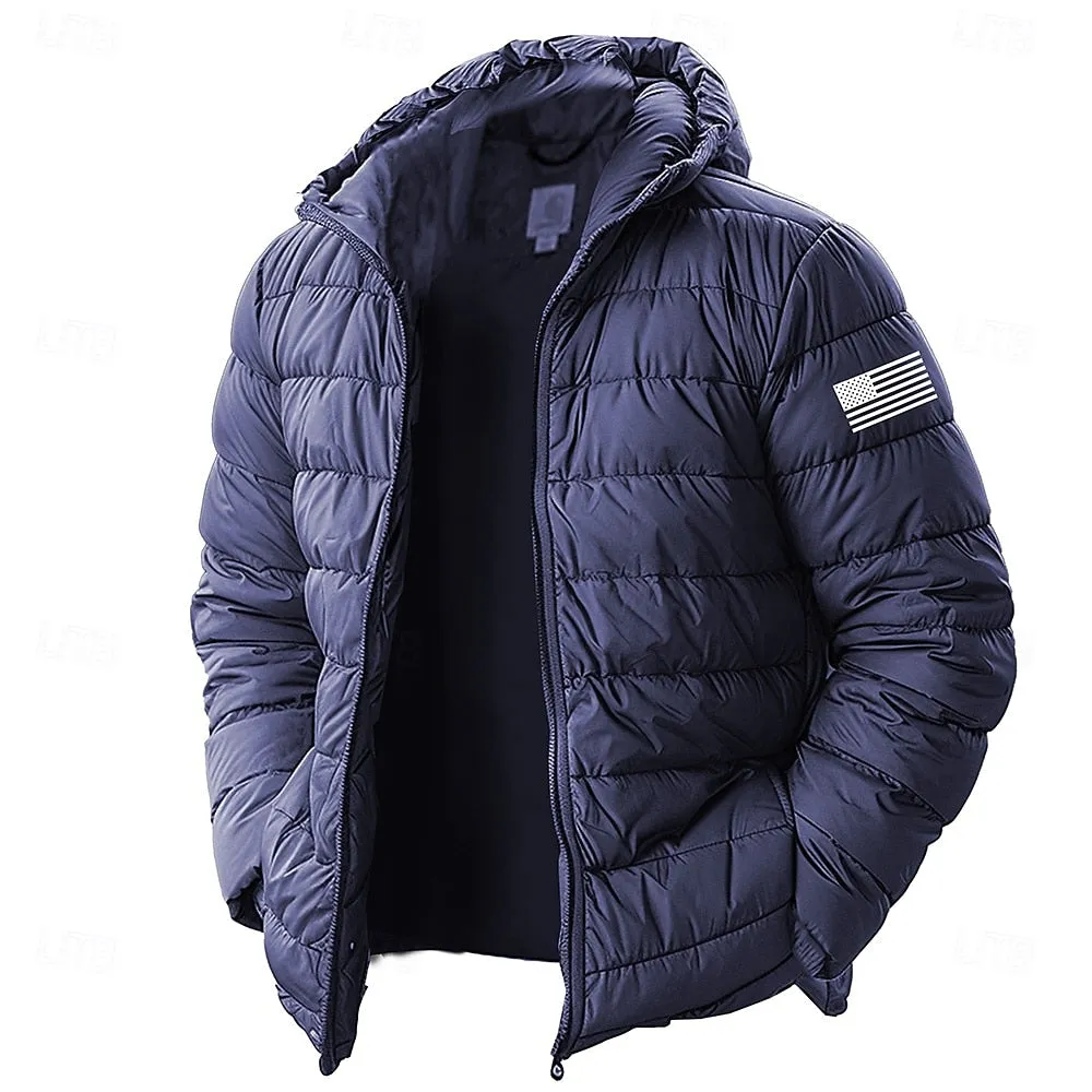 Men's Lightweight Puffer Jacket with Hood Water-Resistant Down Jacket Insulated Puffy Coat Graphic American US Flag Winter Jacket for Snow Ski Hiking Travel