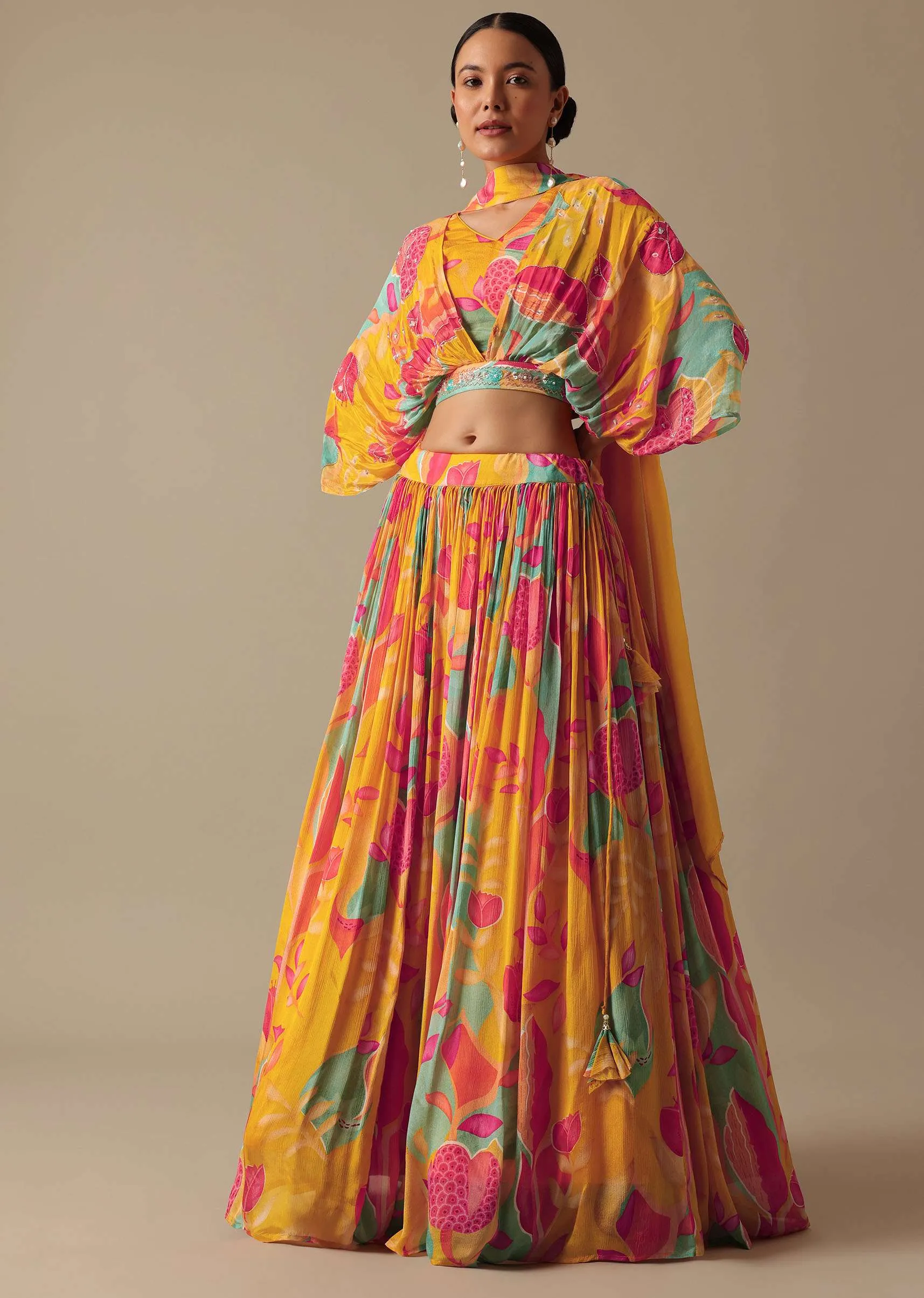Orange Printed Lehenga Set With Sequin Work