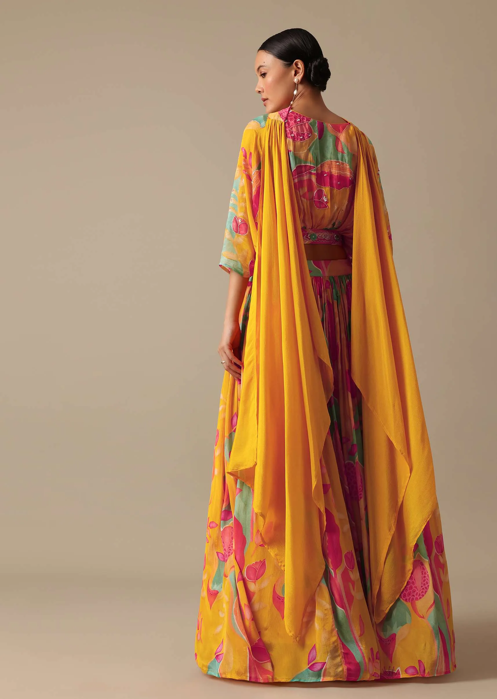 Orange Printed Lehenga Set With Sequin Work