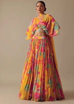 Orange Printed Lehenga Set With Sequin Work