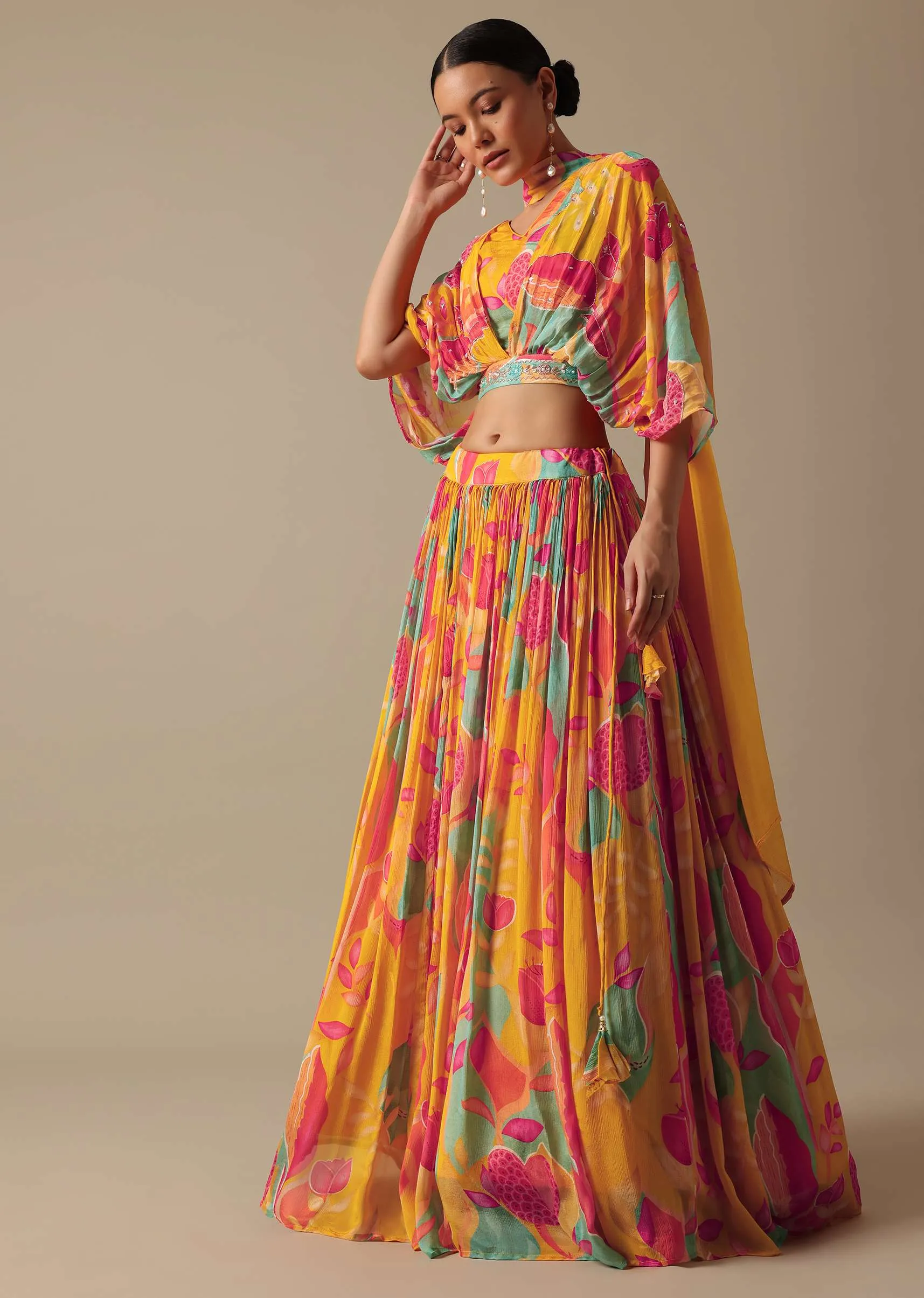 Orange Printed Lehenga Set With Sequin Work