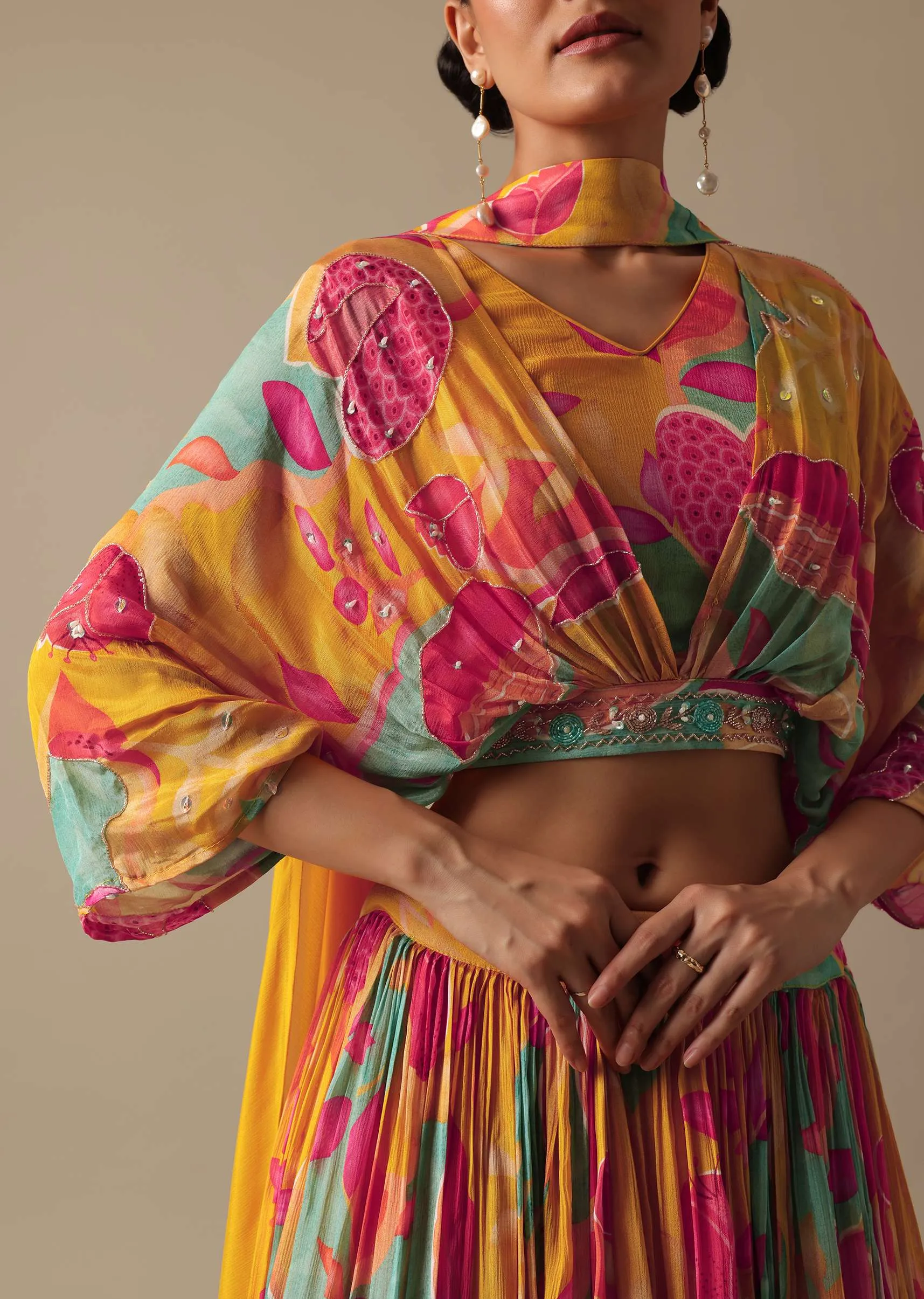 Orange Printed Lehenga Set With Sequin Work