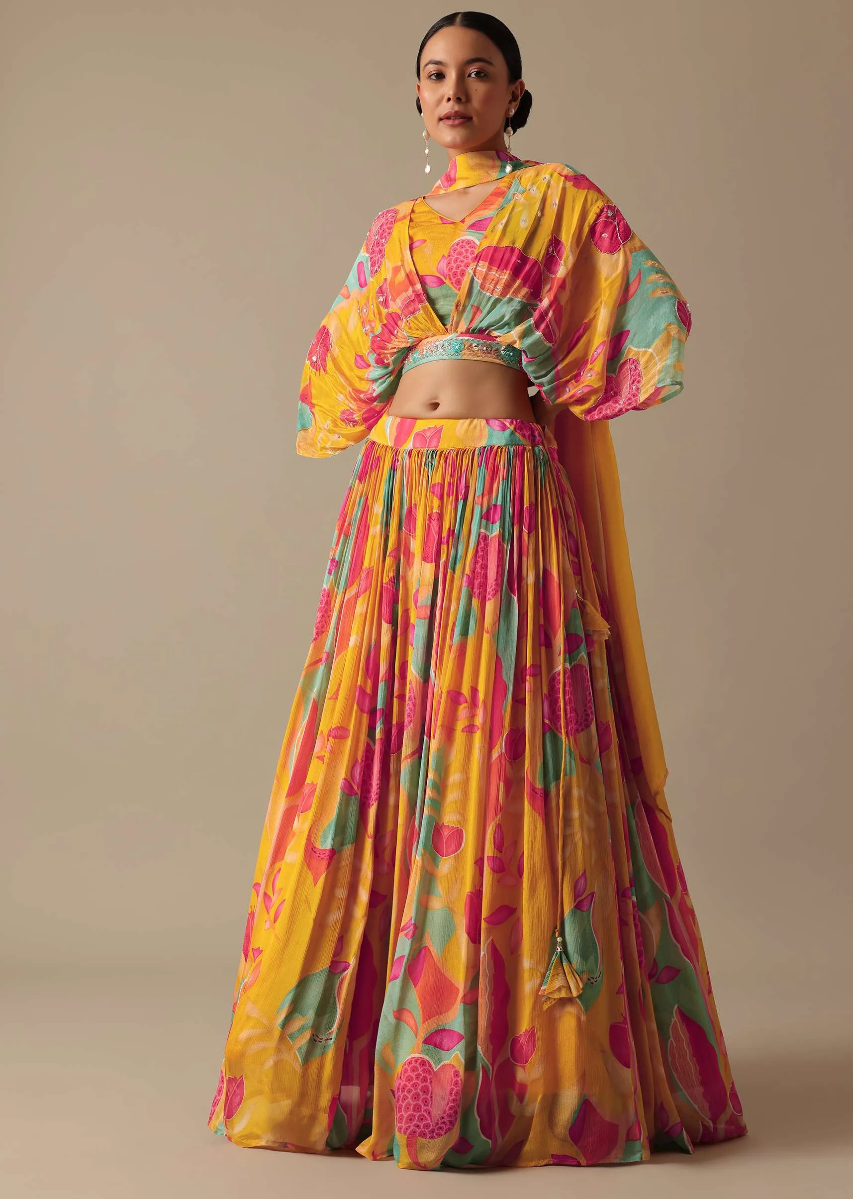 Orange Printed Lehenga Set With Sequin Work