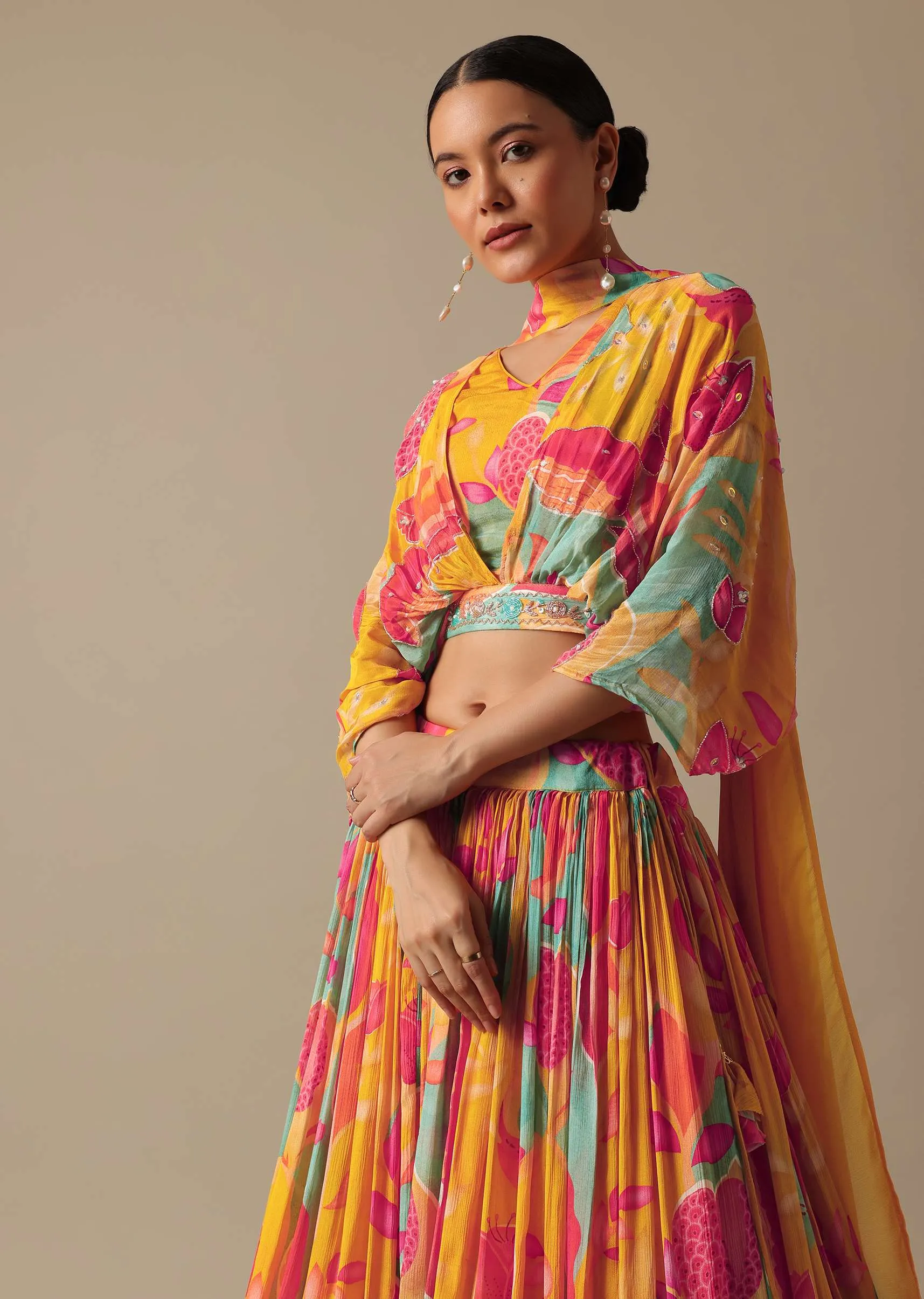 Orange Printed Lehenga Set With Sequin Work