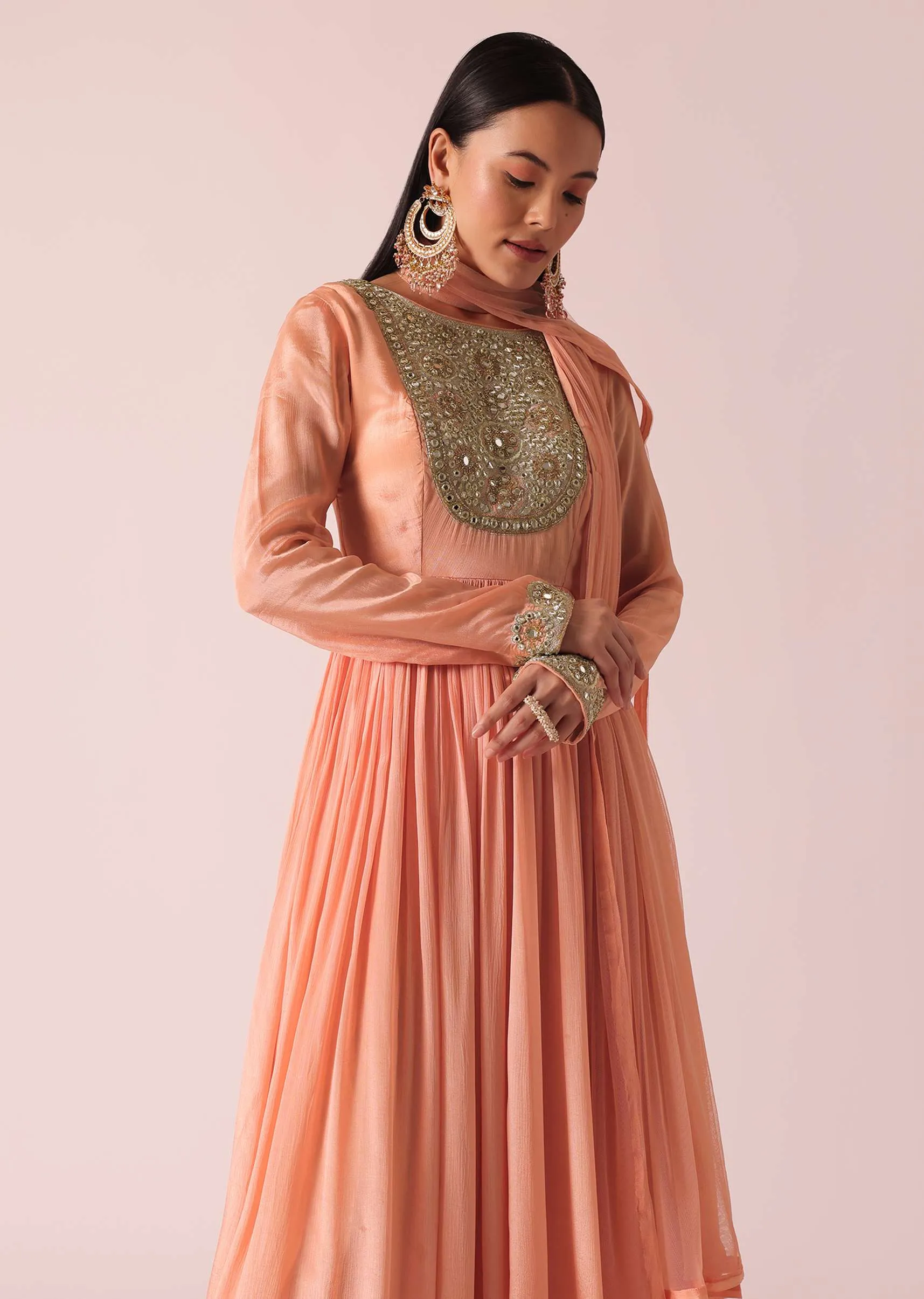 Peach Chiffon Embroidered Anarkali With Dupatta