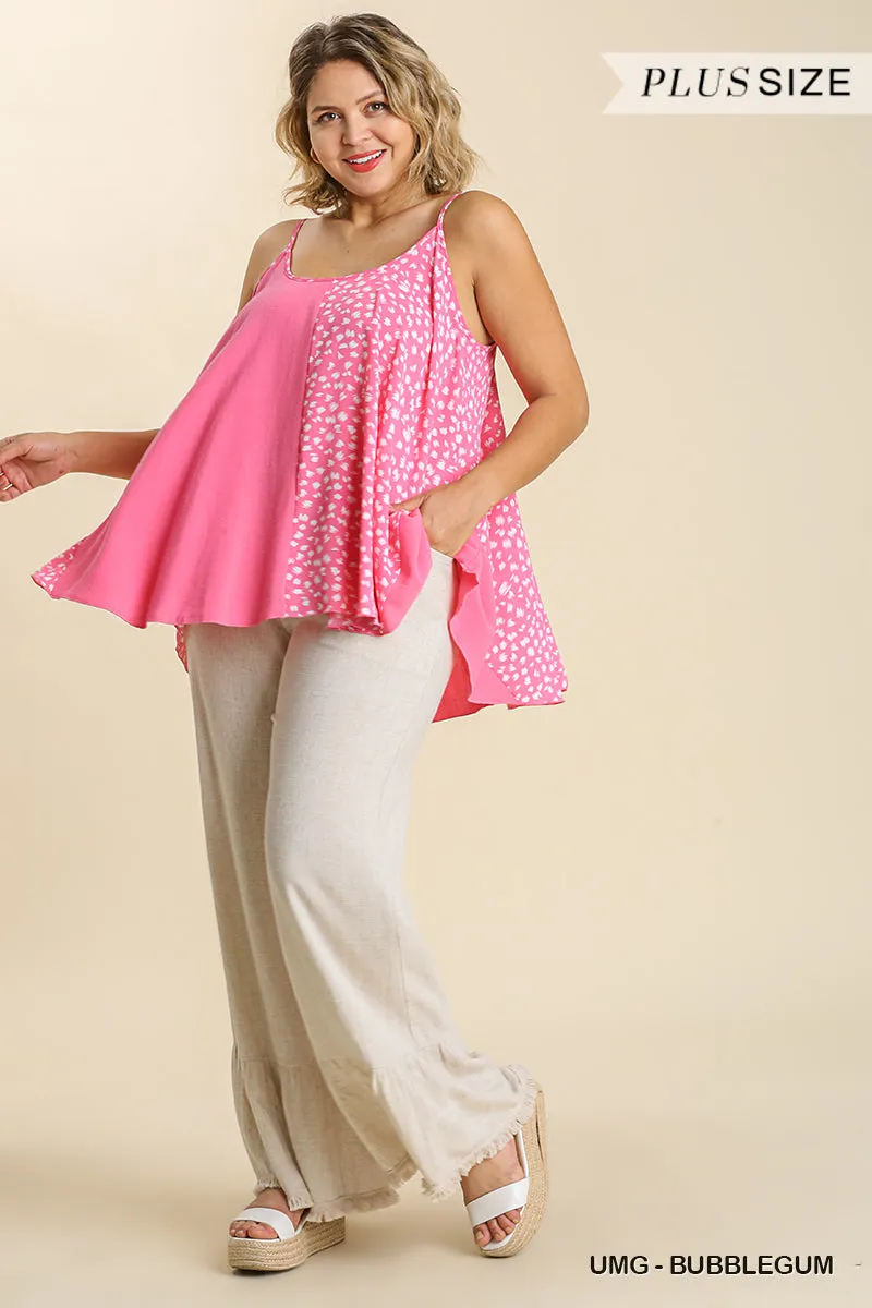 Plus size pink Linen Blend Mixed Animal Print Adjustable Spaghetti Strap Top