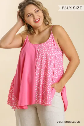 Plus size pink Linen Blend Mixed Animal Print Adjustable Spaghetti Strap Top