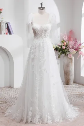 Princess White A-Line Lace Up Back Corset Wedding Dress with Appliques Lace