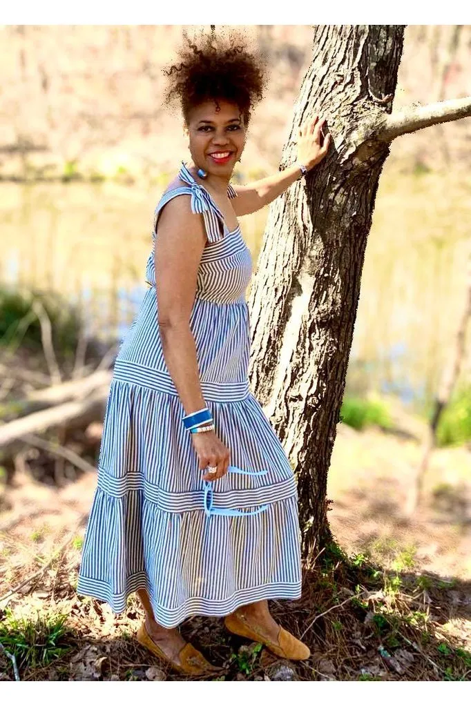 Stripe Ribbon Tie Midi Dress