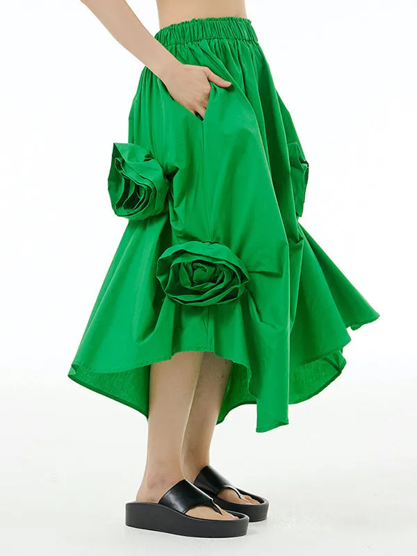 xakxx Loose Asymmetric Elasticity Solid Color Three-Dimensional Flower Skirts Bottoms